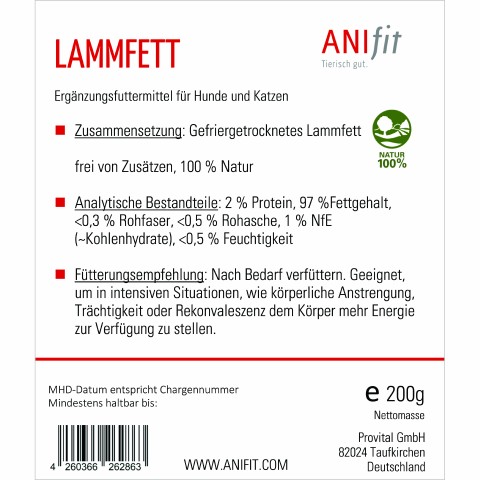 Hund Katze B.A.R.F. Hundefutter Nahrungsergänzungen Lammfett 200g 1 Packung -3- Anifit
